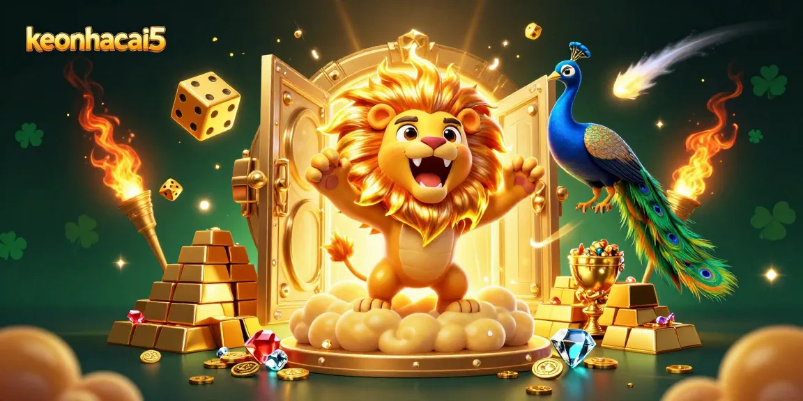 Experience keonhacai5 with the roaring sun lion and golden treasures in a thrilling casino scene.