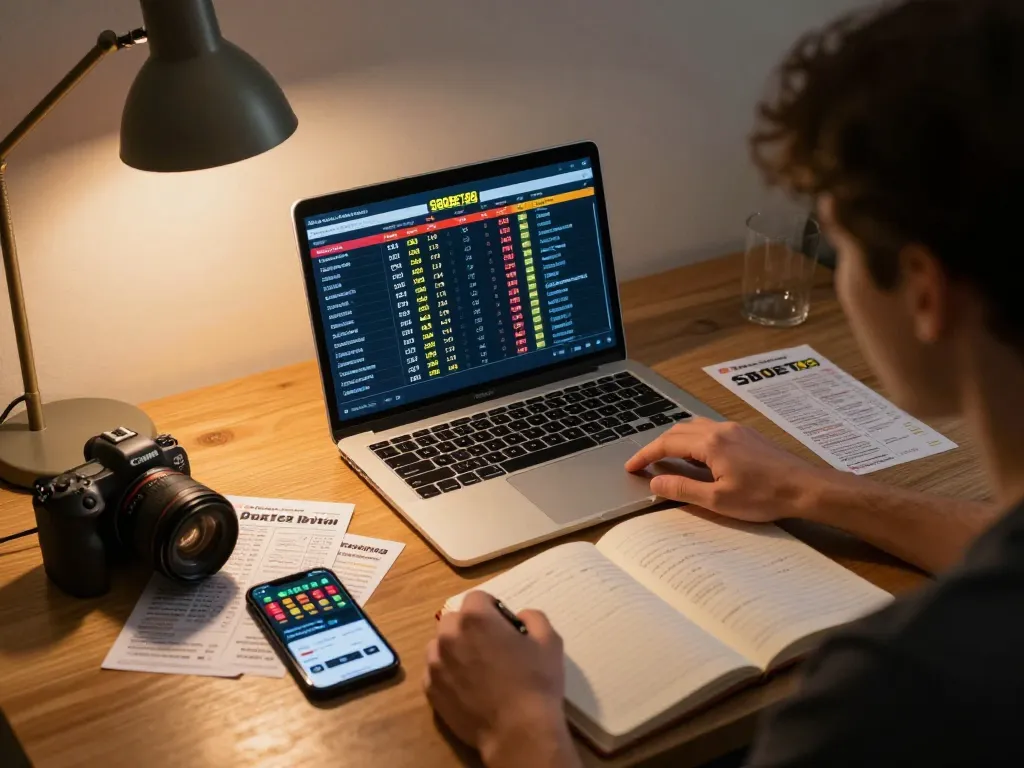 Pengguna SBOBET88 yang memasang taruhan strategis sambil menganalisis odds di ruang kerja nyaman di rumah.