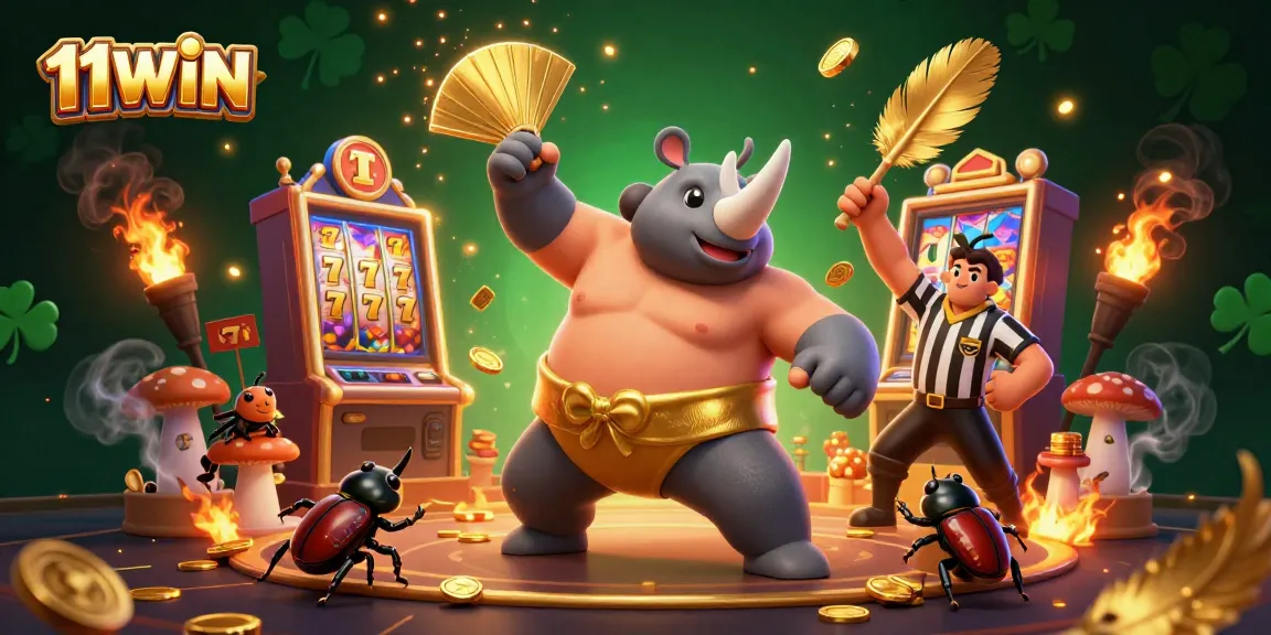 Engage with 11WIN in this lively casino scene filled with cartoon beetle champions and golden slots.