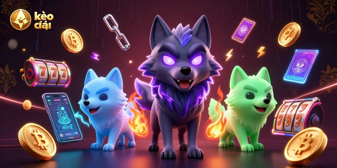 Experience thrilling kèo nhà cái adventures with vivid wolves and cryptocurrency elements in an animated casino scene.