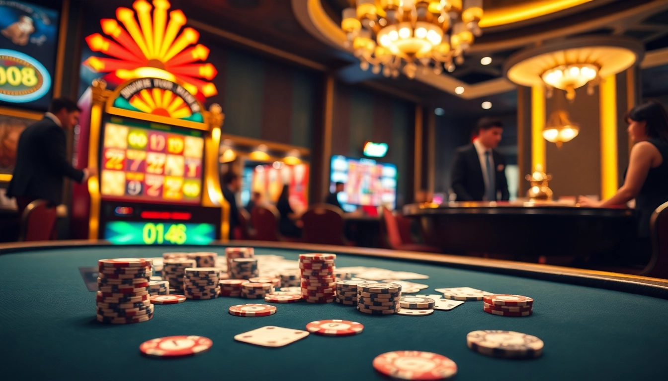 Engage in high-stakes gaming at pg88 with vibrant casino elements like poker tables and roulette wheels.