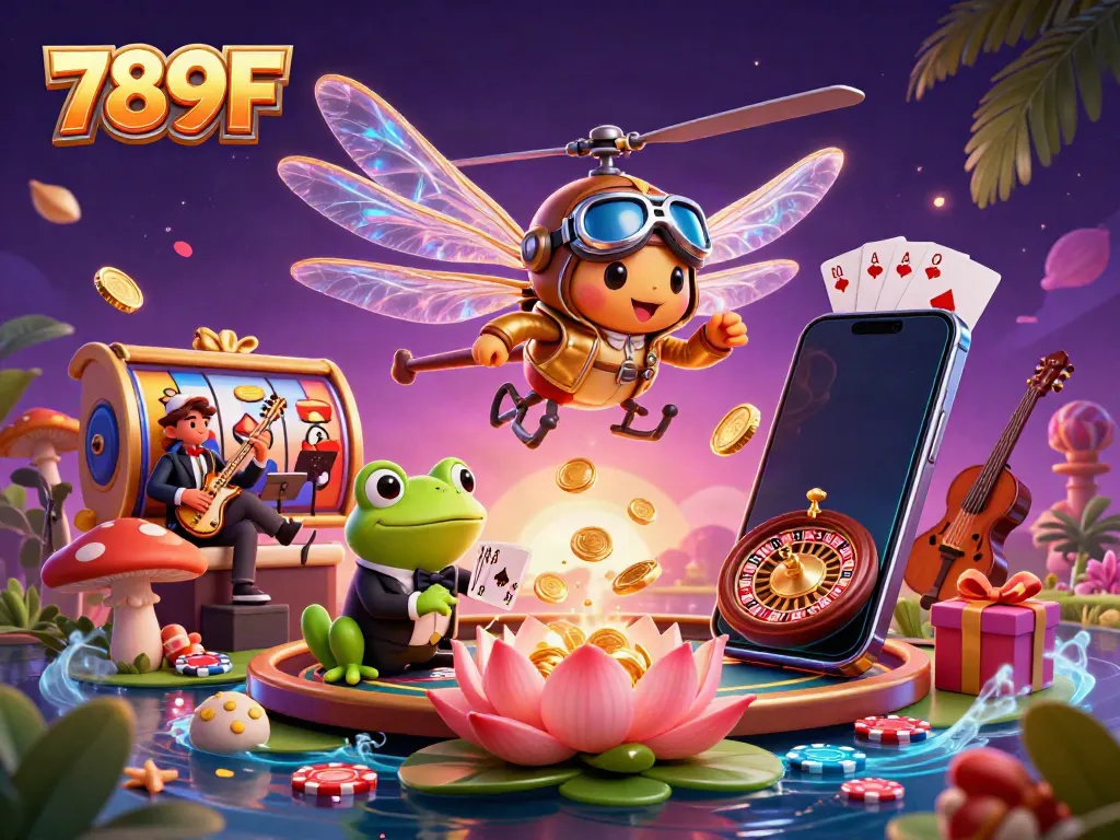 Engage with the adventurous 789F casino experience through a vibrant 3D illustration featuring dynamic dragonfly and frog characters amid thrilling game elements.