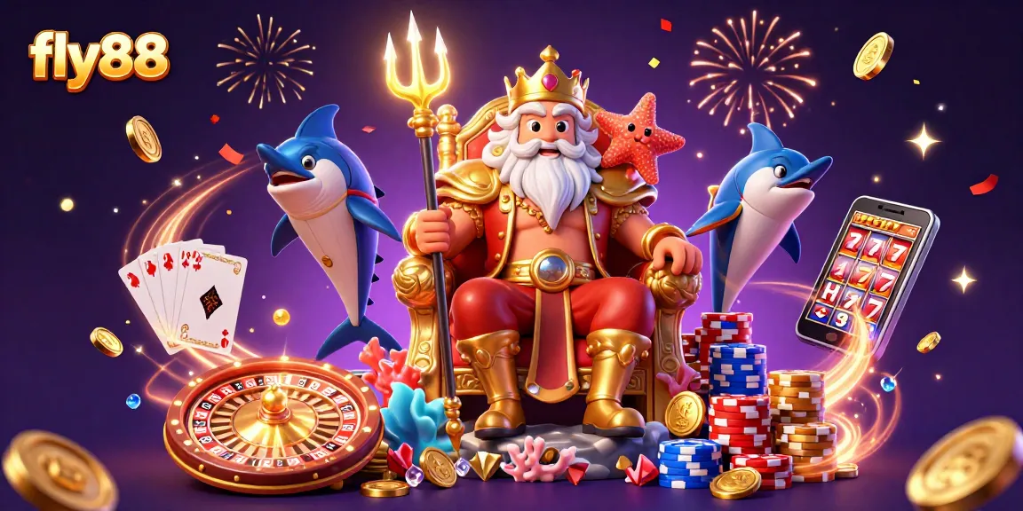 Experience the excitement of fly88 with Neptune, golden coins, and vibrant casino elements.