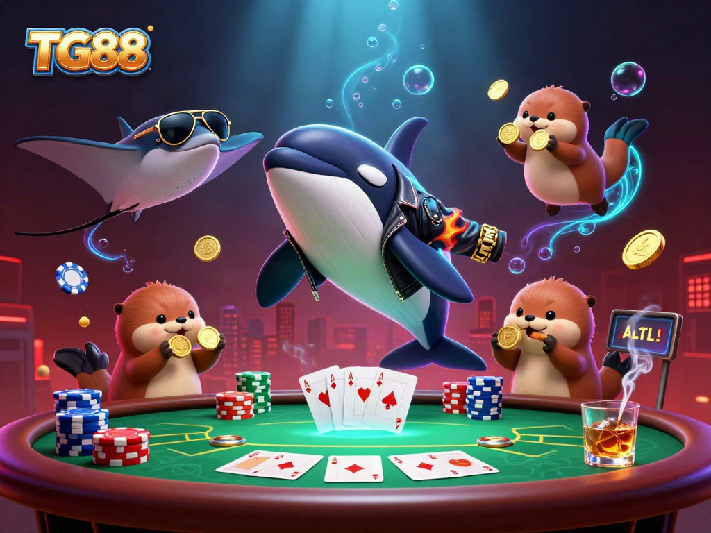 Engage in thrilling gameplay with TG88's vibrant casino scene featuring an orca and sea life immersed in poker action.