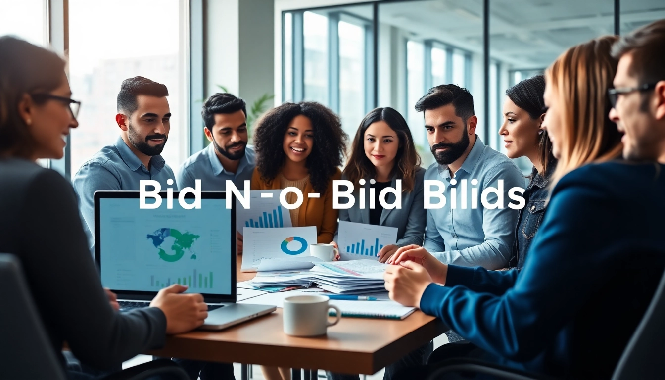 Collaborative team conducting Bid No Bid Analysis in a modern workspace, showcasing engagement and strategy.