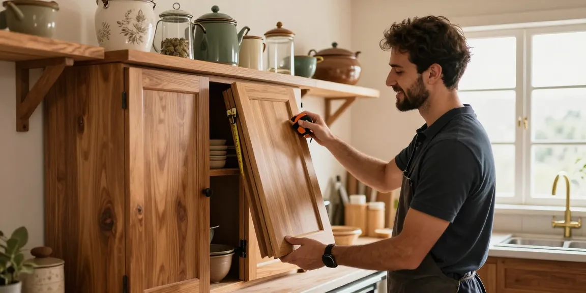شراء مطابخ مستعملة بالرياض with a professional inspecting quality used kitchen cabinets in a rustic setting.