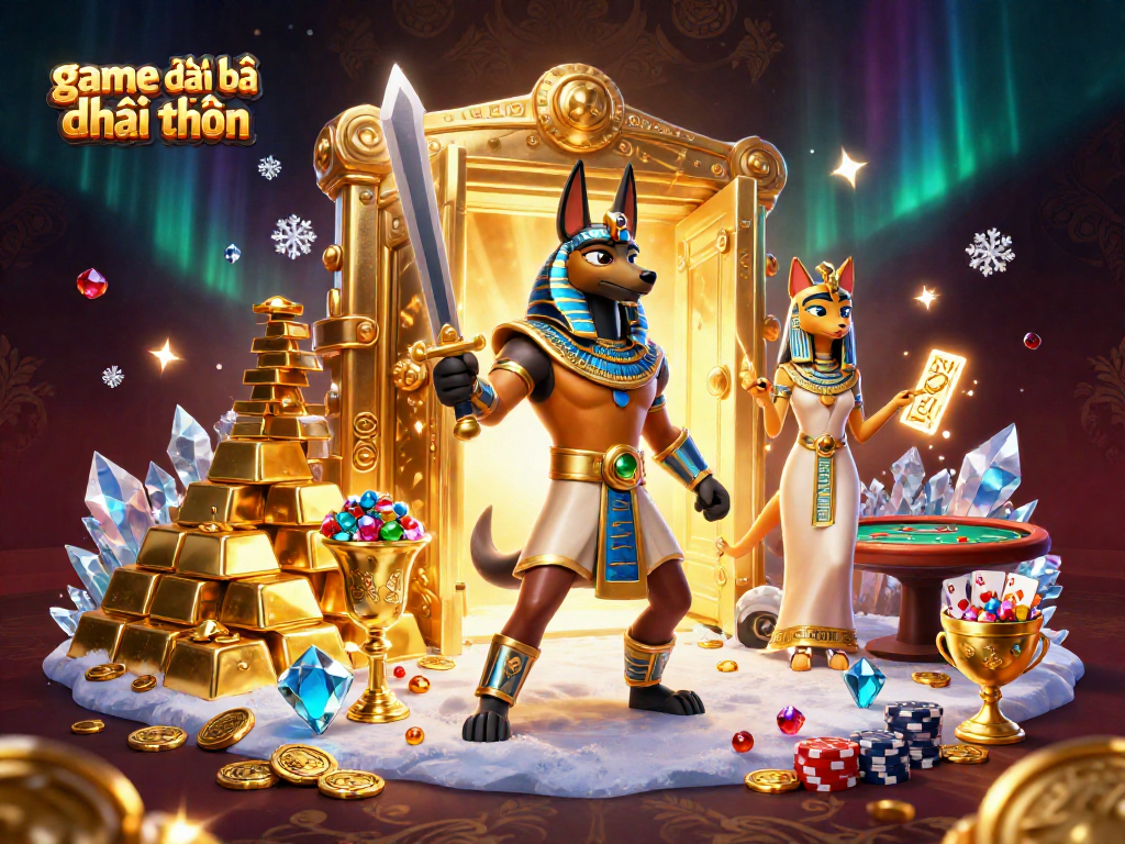 Experience game đánh bài đổi thưởng with Anubis and Bastet in a rich casino treasure illustration.