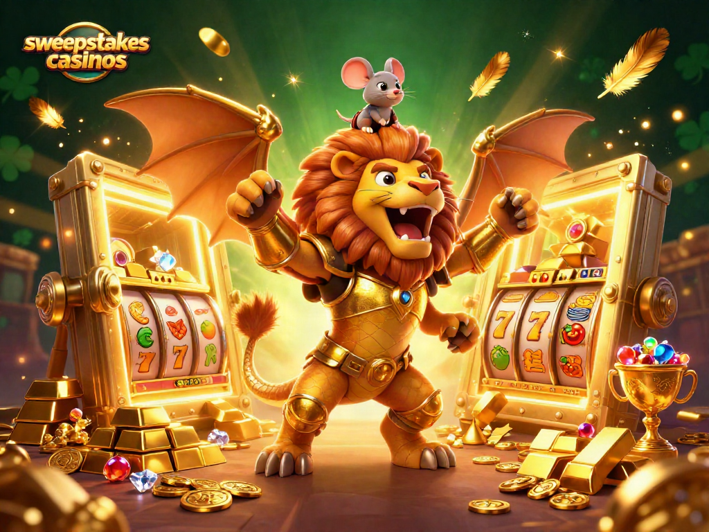 Experience the thrill of sweepstakes casinos with golden treasures, slot elements, and a majestic chimera in 3D.