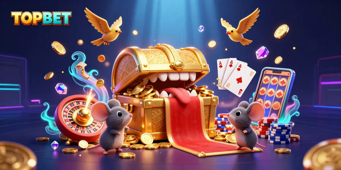 Play with TOPBET as golden coins and sparkling gems swirl around a treasure chest.