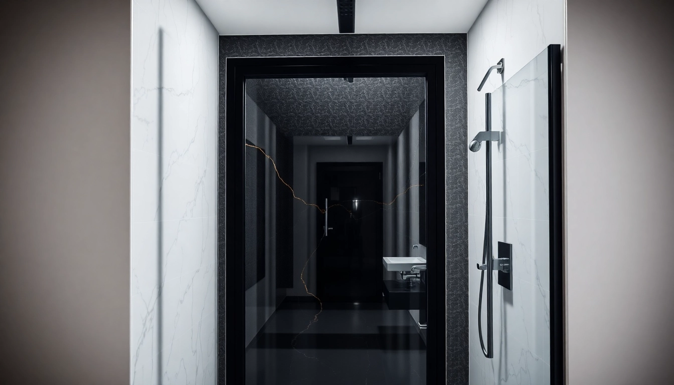 Admire the sleek black shower door framed elegantly in a modern bathroom design.