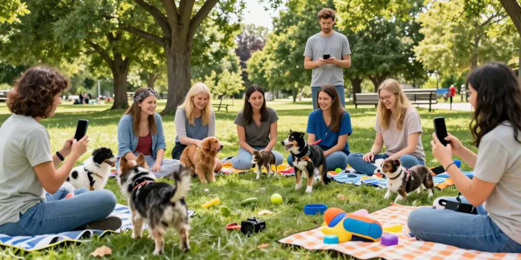 Pet lovers engaging in community activities with their pets at a sunny park, showcasing rokok88 and joyful interactions.