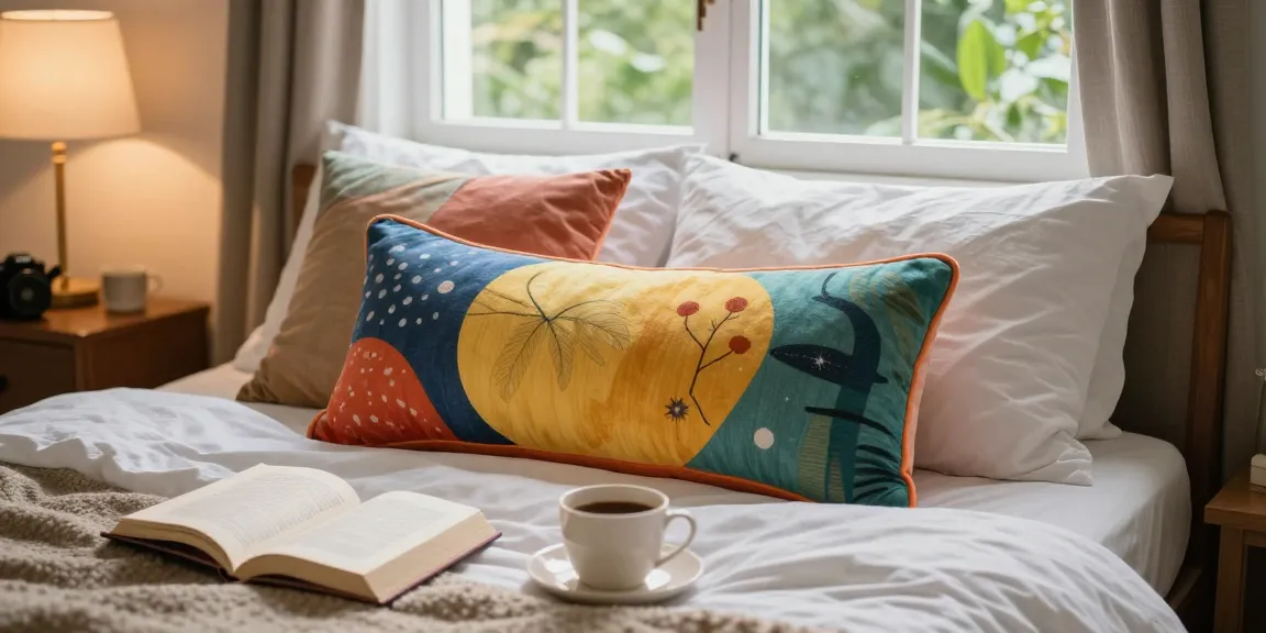 Custom body pillow prominently featured in a cozy bedroom setting with a warm atmosphere.