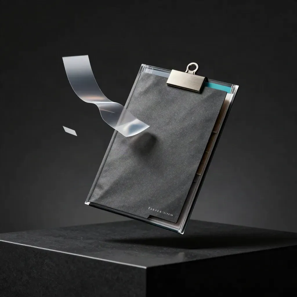 Floating trend watch packet with peeling wrap and teal-lit clip on a dark studio surface.