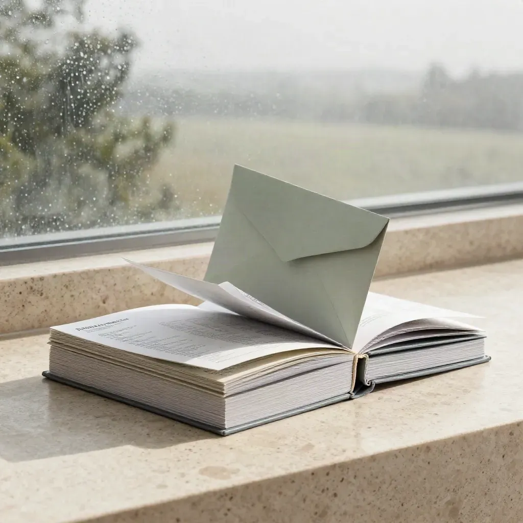 Unbranded trend folio, digest stack, inserts and envelope on travertine in soft rain light.