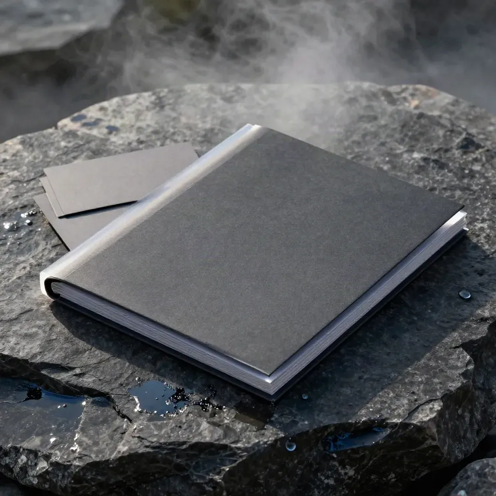 Slate report folio and blank cards on wet basalt with a bead of water and cool mist.