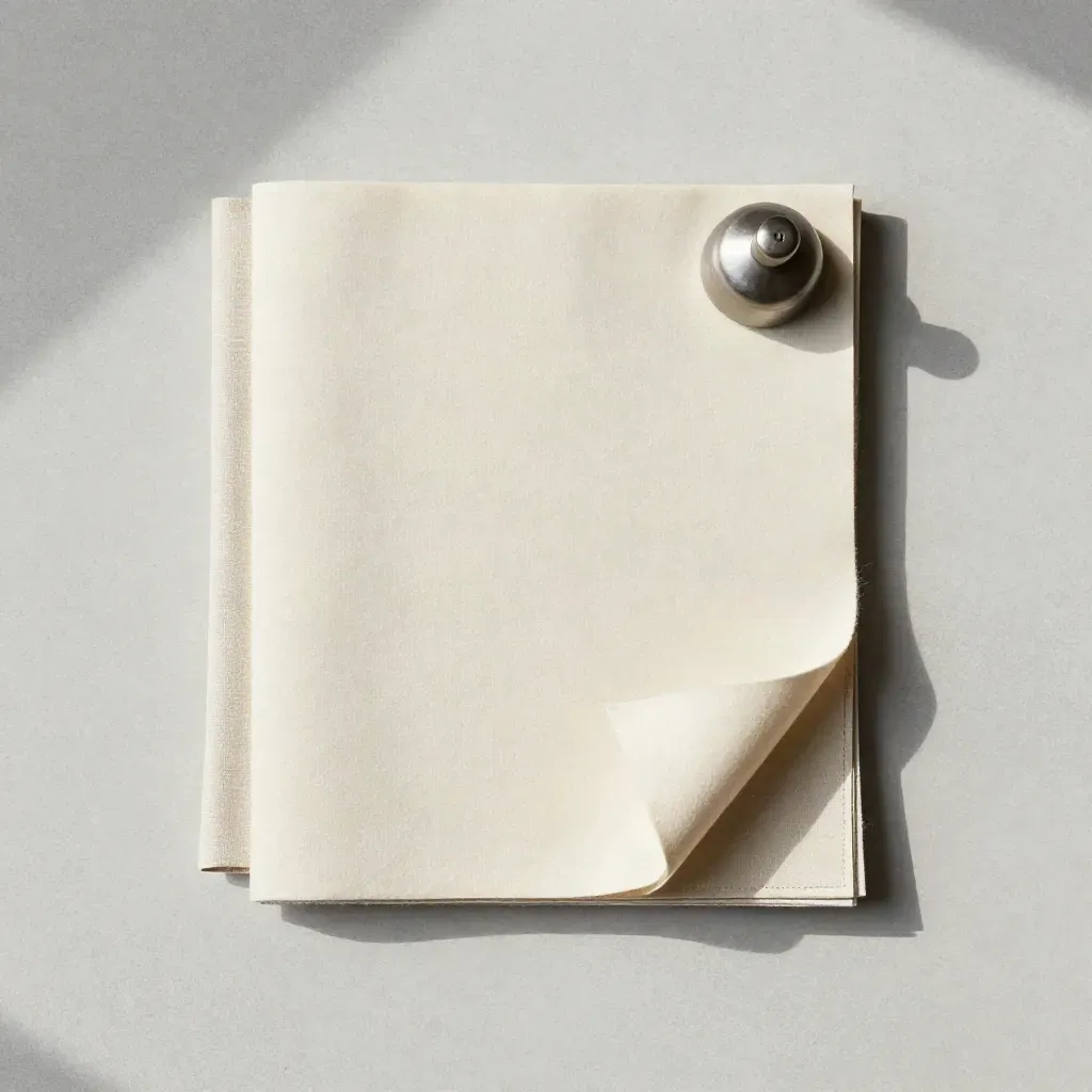 Overhead flatlay of a cream wool folio, linen square, and pewter ceramic weight.