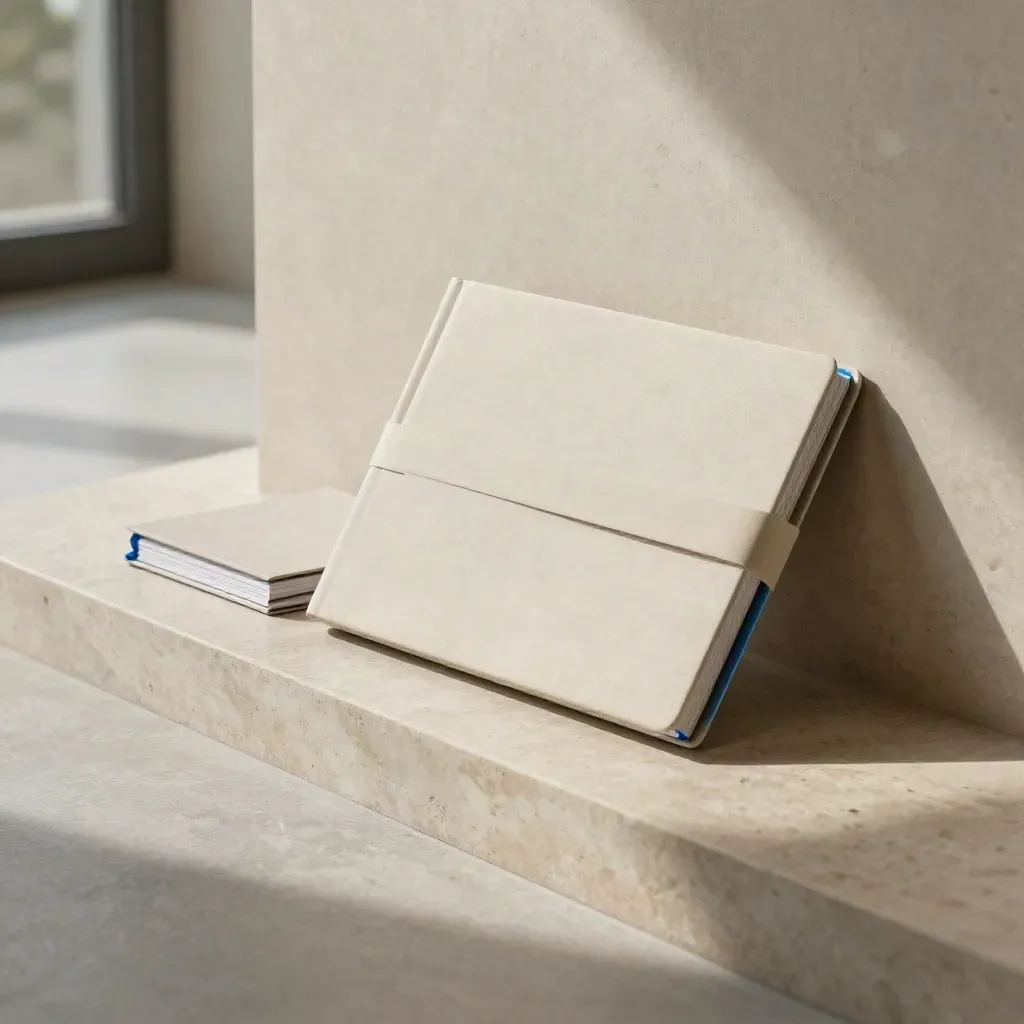 Annual plan slipcase with report stack and booklets in a travertine niche, lit by soft daylight.