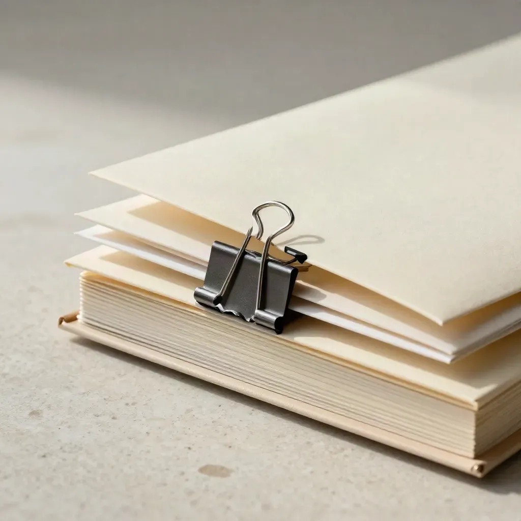Macro hero of a competitor launch log dossier, sealed envelopes and binder clip on travertine.
