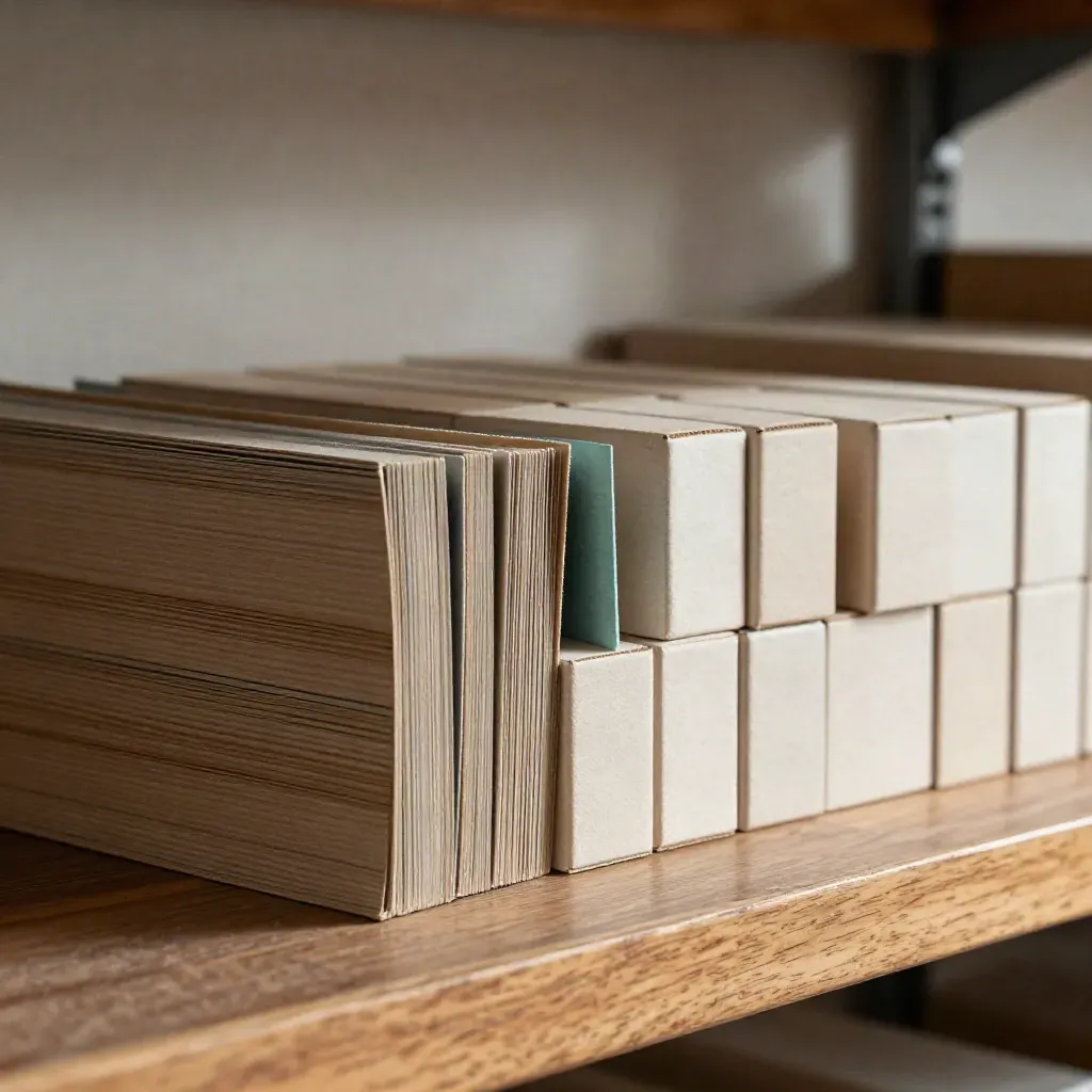 Macro of a shelf tracker bundle threading through carton blocks in warm warehouse light.