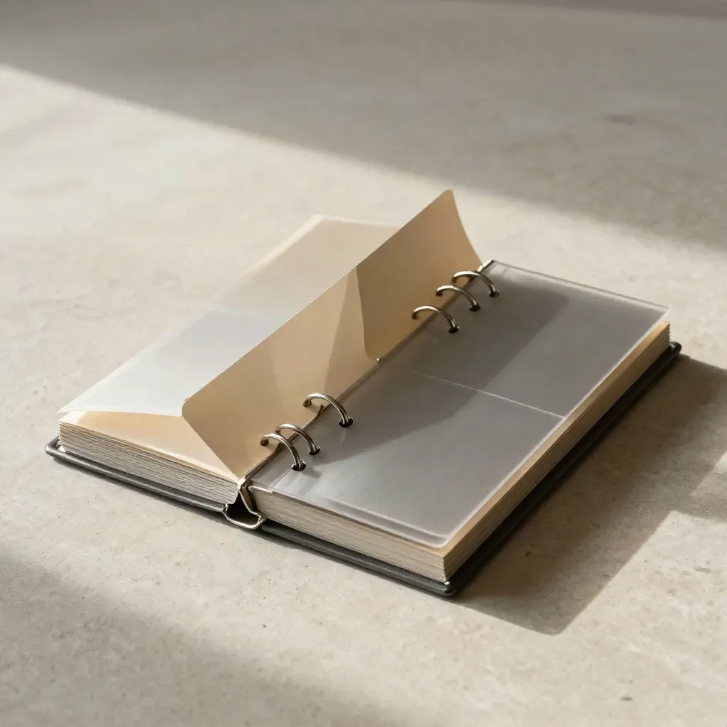 Overhead flatlay of a ring-bound investor signal deck with translucent dividers on pale stone.