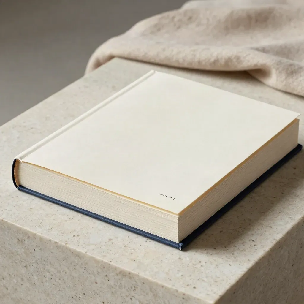 Macro of a four-issue report bundle in a matte slipcase with acetate sleeve on travertine.