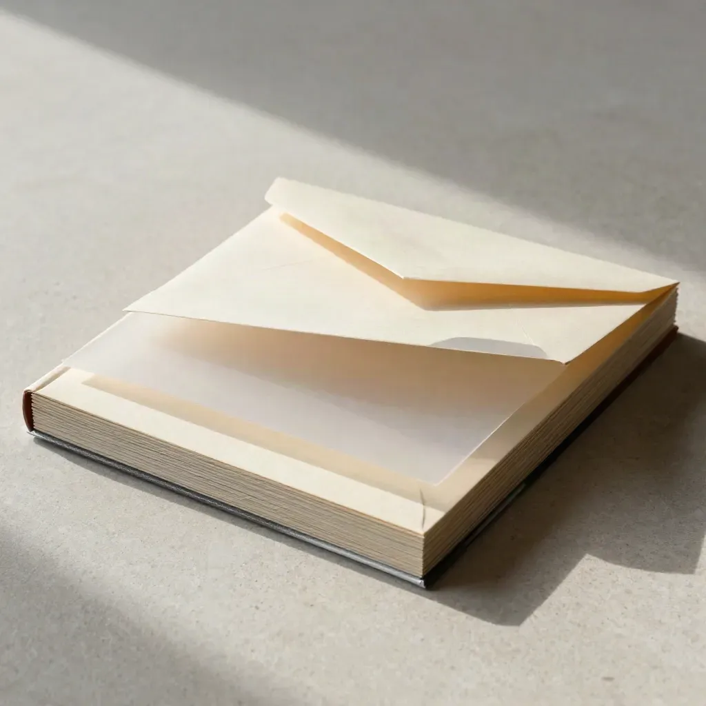 Top-down macro of aligned folio papers and a lifted envelope flap with drifting paper fibers.