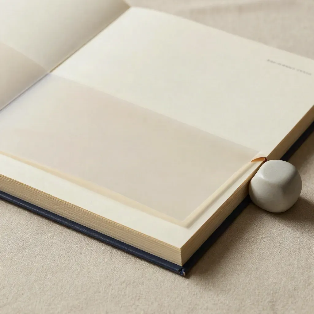 Top-down macro of a premium folio with translucent sleeves and a ceramic paperweight on linen.
