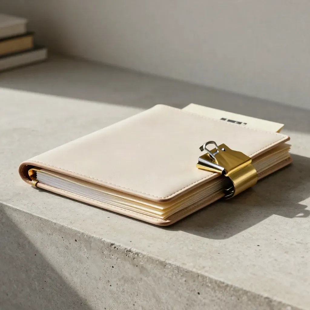Pale leather founder folio, compact folders and brass clamp on limestone with soft daylight.