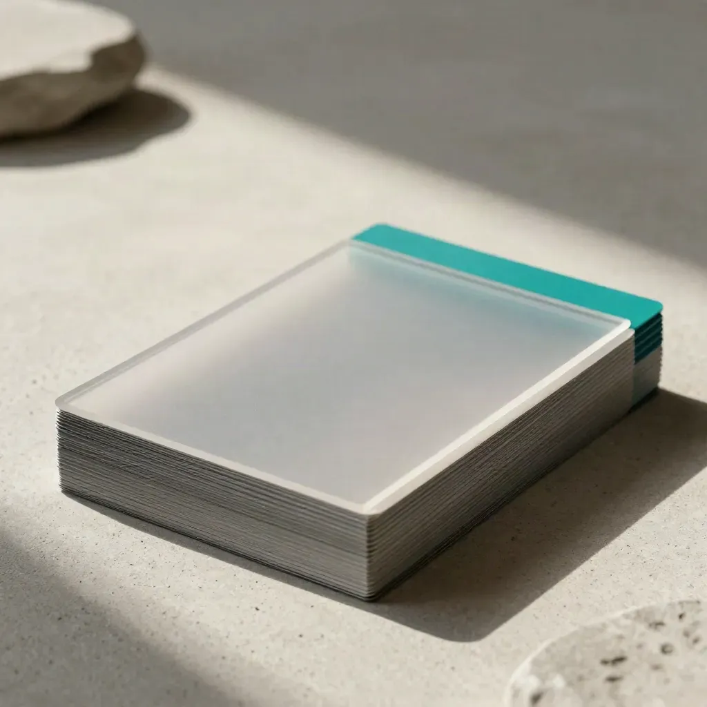 Nested trend cards and acrylic layers on stone, lit softly with a teal accent.