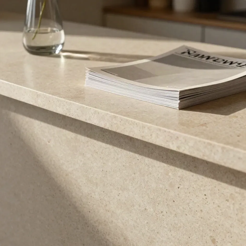 Travertine counter with flax runner, glass carafe, and soft headline space