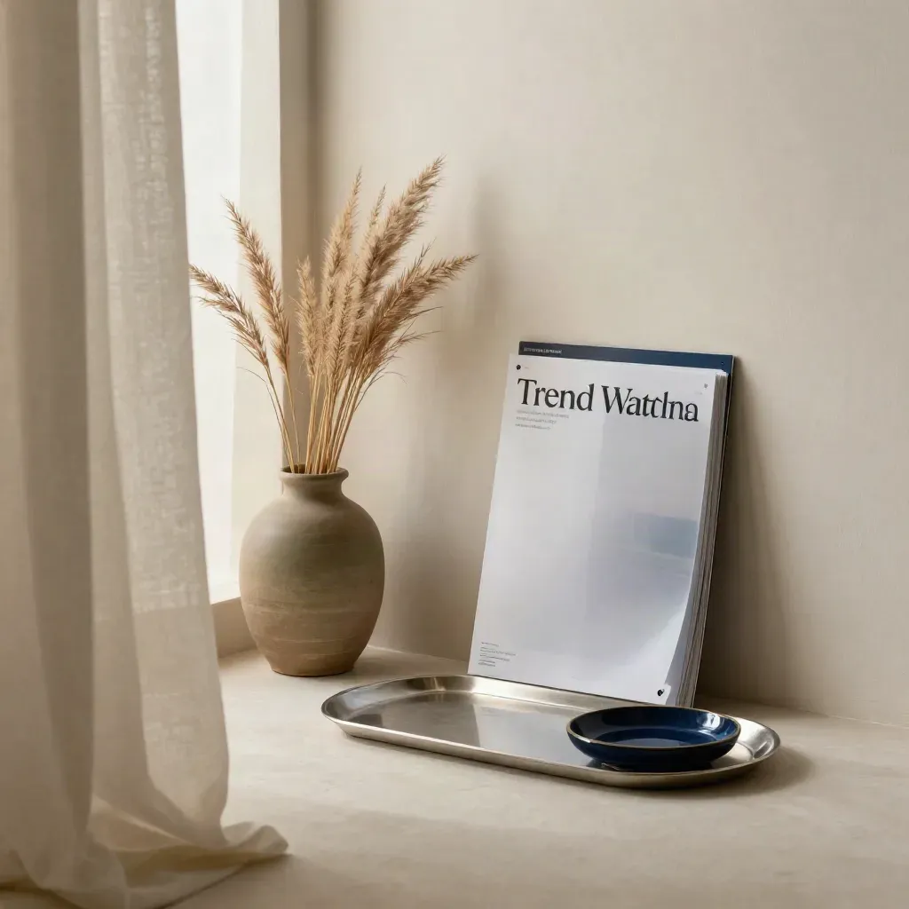 Warm plaster niche with dried grass, pale curtain, and soft dawn glow