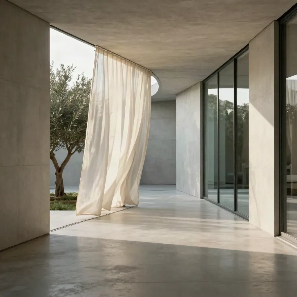 Sunlit concrete corridor with sheer curtain, olive tree, and calm floor space for copy