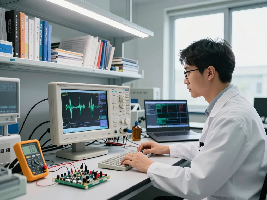 Engineer using a benchtop oscilloscope for labs in a well-equipped laboratory, analyzing waveforms amidst engineering tools.