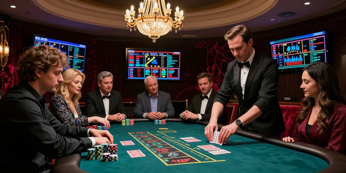 Baccarat gaming table scene with players and dealer in a luxurious casino, showcasing the elegance of the game.