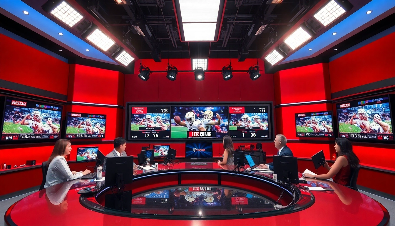 Engaging action in sports broadcasting studio with diverse anchors delivering news.