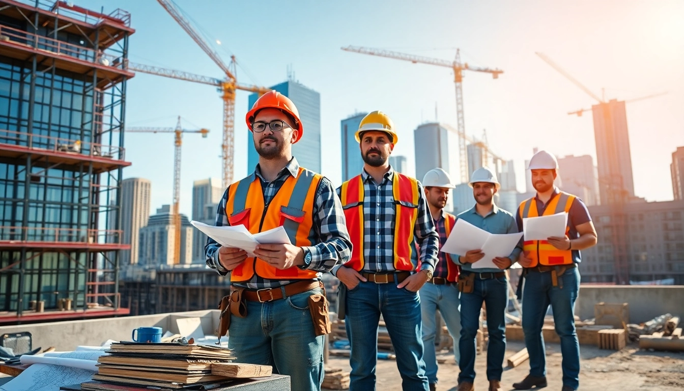 New Jersey General Contractor managing a busy construction site with a team, emphasizing collaboration and urban development.