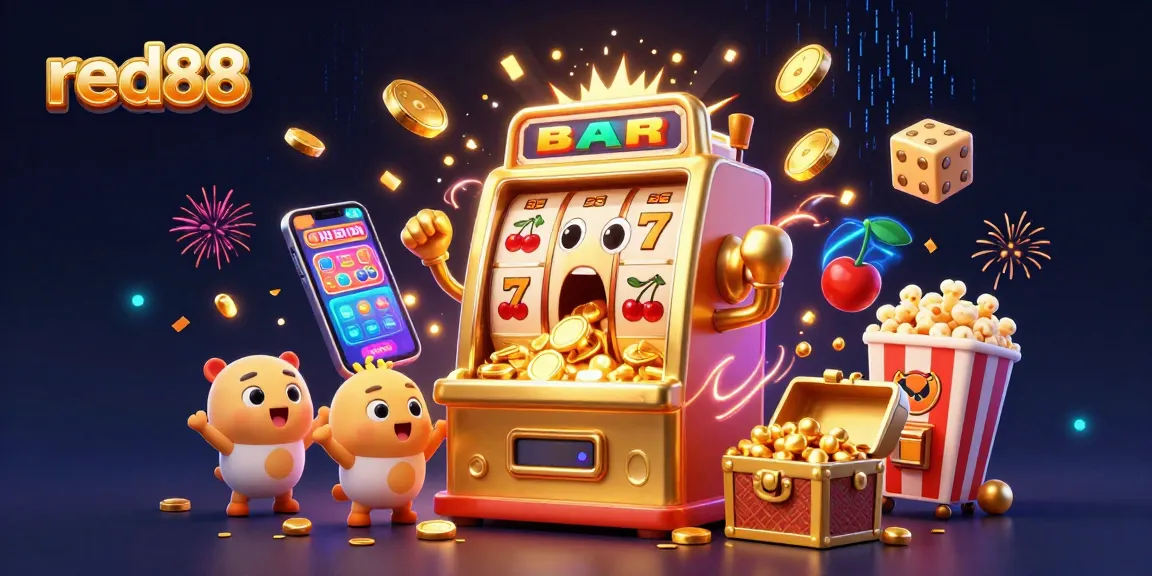 Engaging red88 slot machine illustration celebrating a jackpot win with cheerful companions.