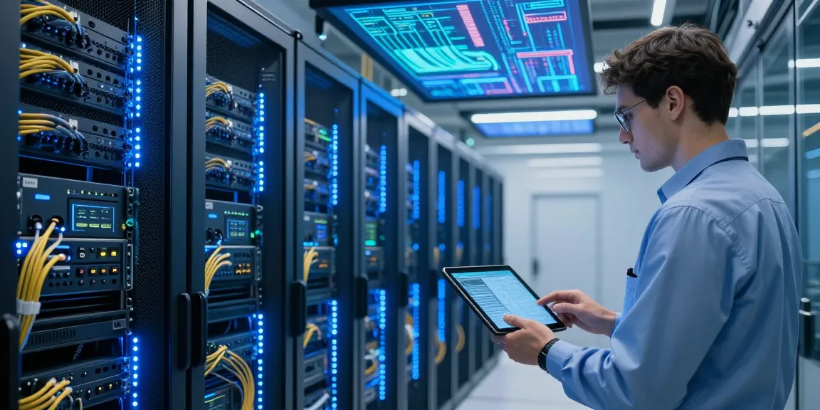 IPTV UK technology in a modern data centre with servers and holographic displays.