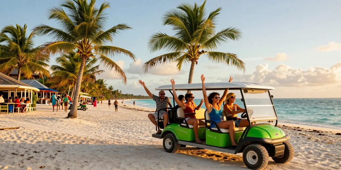 Exploring Ambergris Caye golf cart rental with friends, vibrant sunset and beach backdrop.