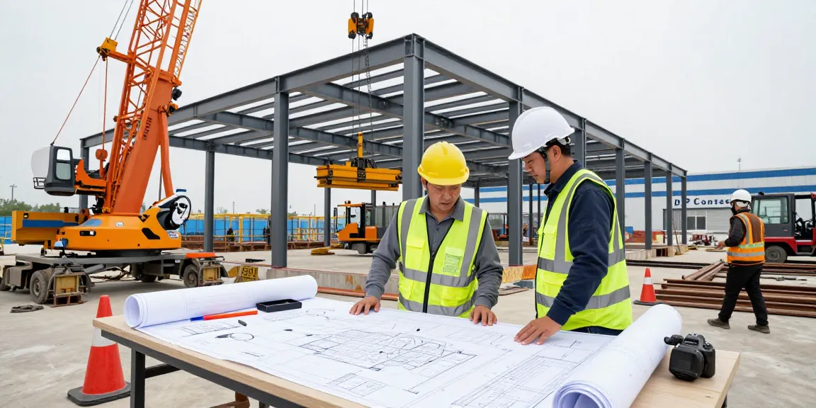 DP Consteel's innovative pre-engineered building project in action with construction workers.