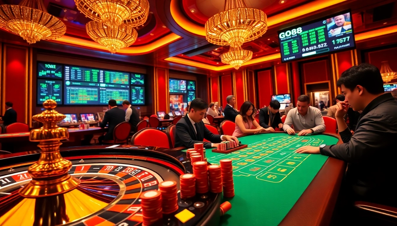 Players enjoying thrilling games at GO88 Casino, immersed in the excitement of winning with poker chips and a roulette wheel.