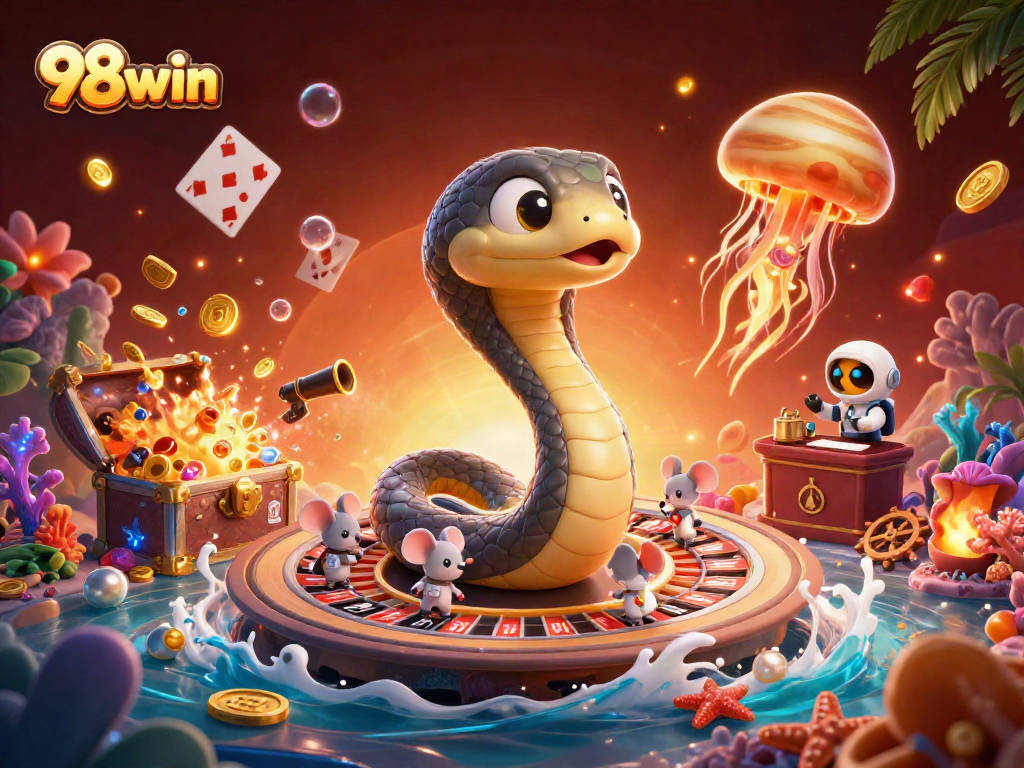 Bet on 98win with a vibrant cosmic casino scene showcasing exciting gaming elements and characters.