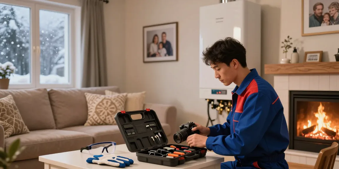 Professional technician providing van kombi servisi in a cozy living room during winter inspections.