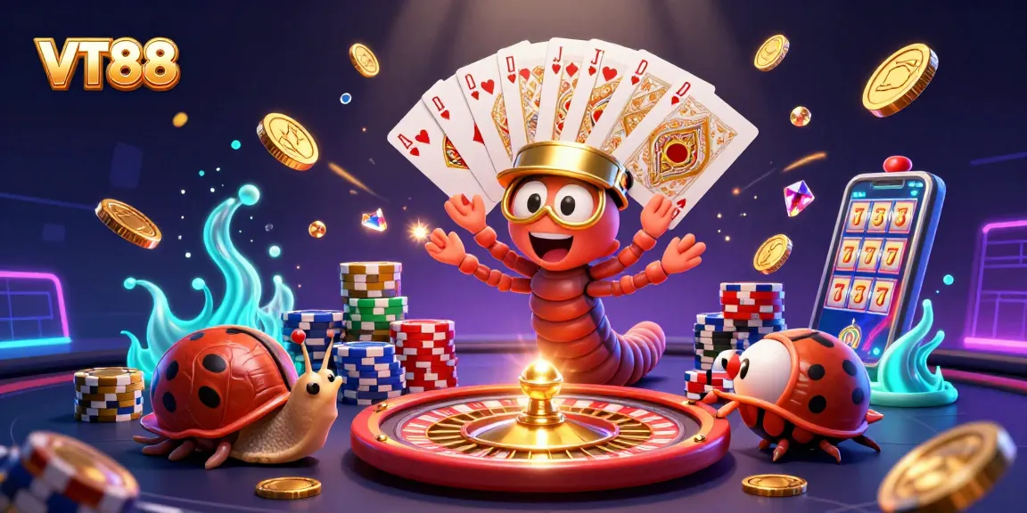 VT88 dealer fanning winning cards surrounded by chips and golden coins in an exciting casino scene.