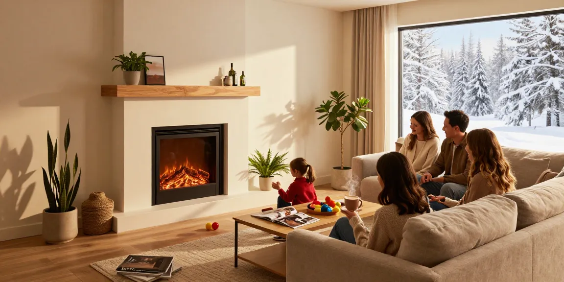 Family enjoying warmth from a stylish modern fireplace at izba24.by, creating a cozy atmosphere in their home.