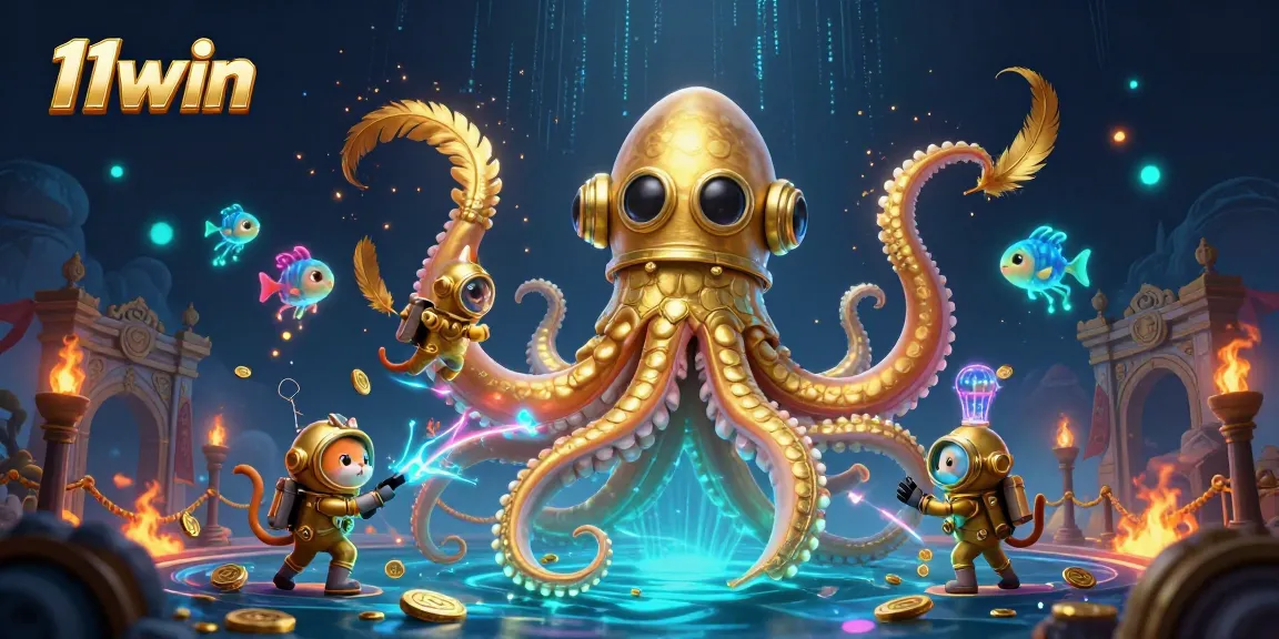 Engage with 11win's dynamic casino world, featuring a kraken, diving cat, and vibrant gaming elements.