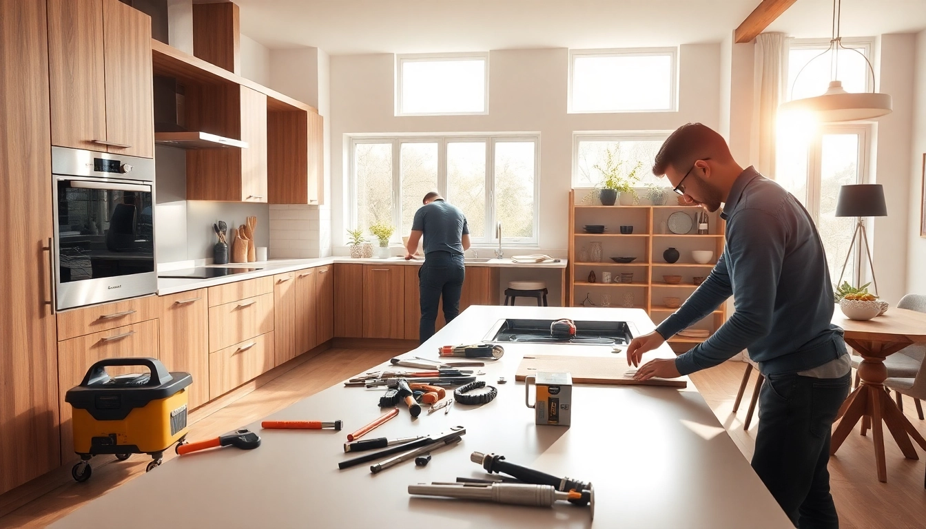 Kitchen fitters near me installing custom cabinets in a bright, modern kitchen.
