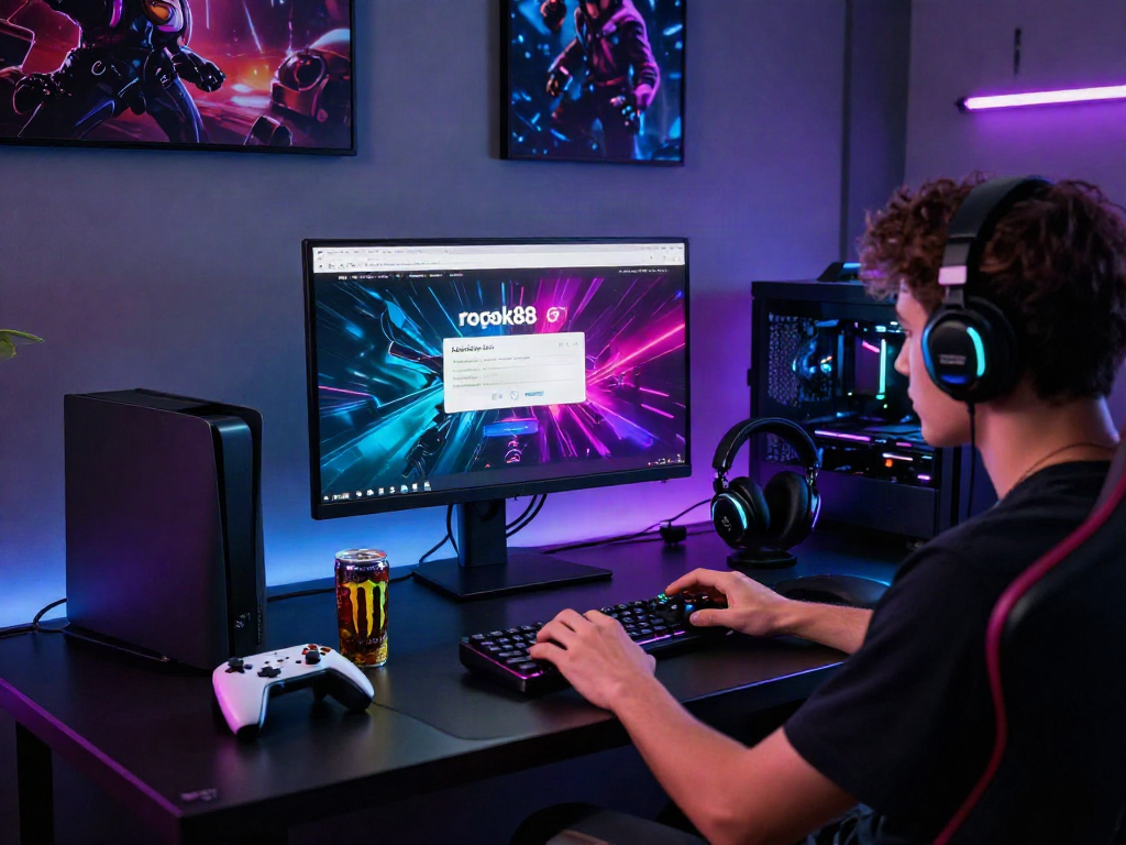 Engaging gaming setup showcasing rokok88 link login on vibrant screen