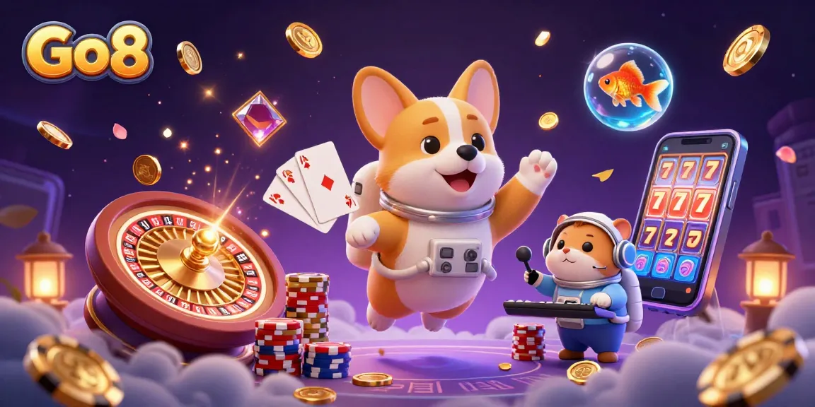 Experience Go8's thrilling gaming universe with cartoon characters amidst floating casino elements.