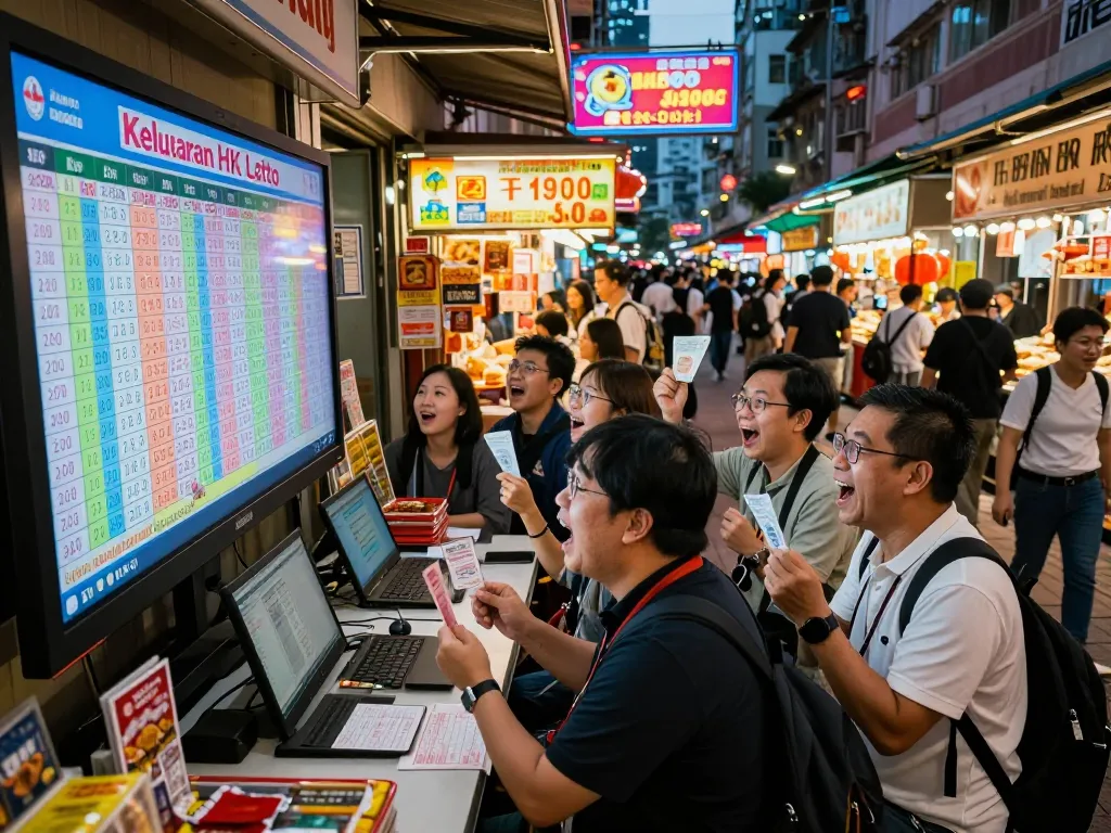 Keluaran HK Lotto pengumuman langsung dengan kerumunan antusias di pemandangan malam Hong Kong, suasana perkotaan yang hidup.